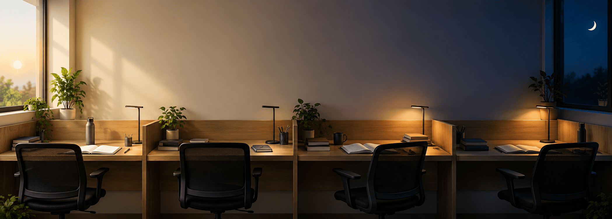 Rows of dedicated study desks at Republic Study Space, lit from sunrise through to night