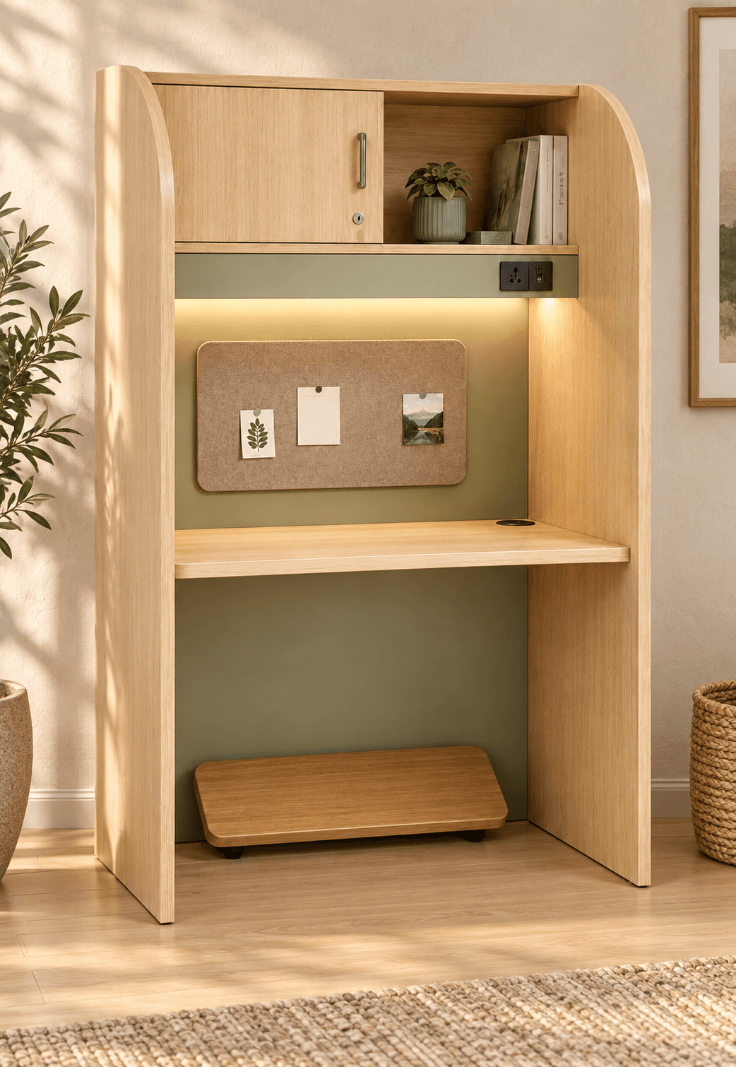 A real Republic Study Space cabin, softly lit